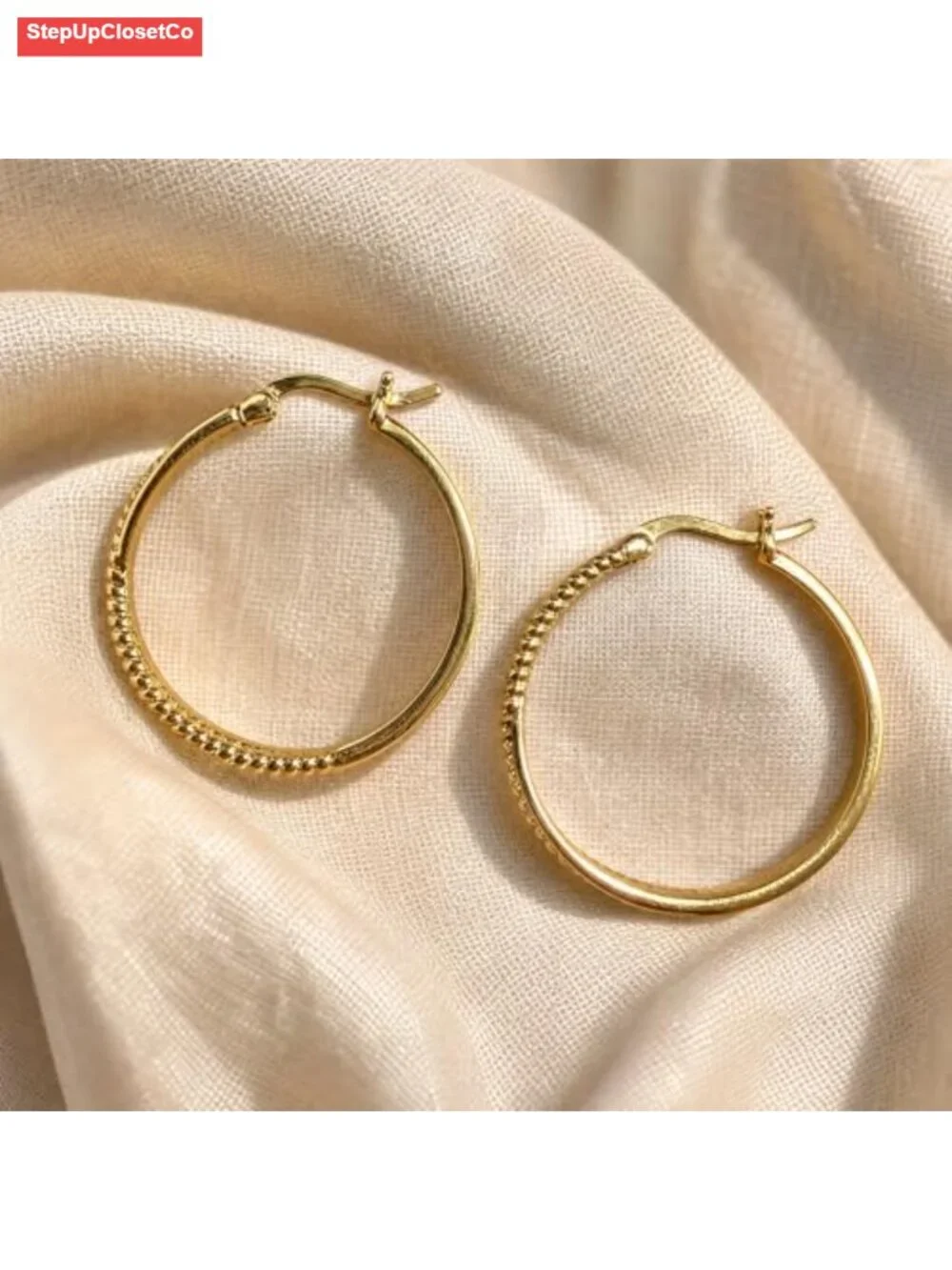 14K Gold Huggie Hoop Earrings Textured Beaded X-Shaped Lightweight 30mm for